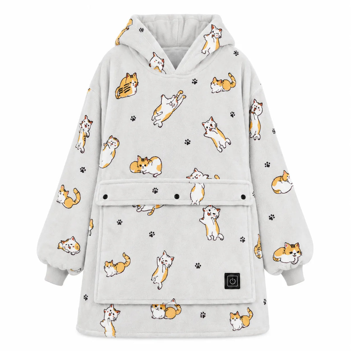 A light gray hooded fleece jacket featuring an all-over print of orange, white, and yellow cats in playful poses, interspersed with small black paw prints. The jacket has a front flap pocket with snap buttons and a small black square patch on the lower right front.