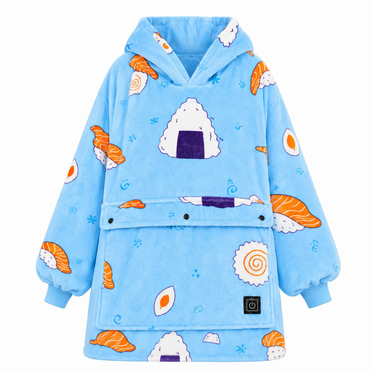 A light blue hooded fleece jacket with a sushi-themed print, featuring orange salmon, white rice balls, and egg illustrations, shown against a plain white background.