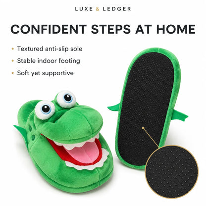 Green plush alligator-shaped slippers with a textured black non-slip sole, shown on a white background with marketing text and a circular inset detail of the sole texture. Brand name Luxe & Ledger appears at the top.