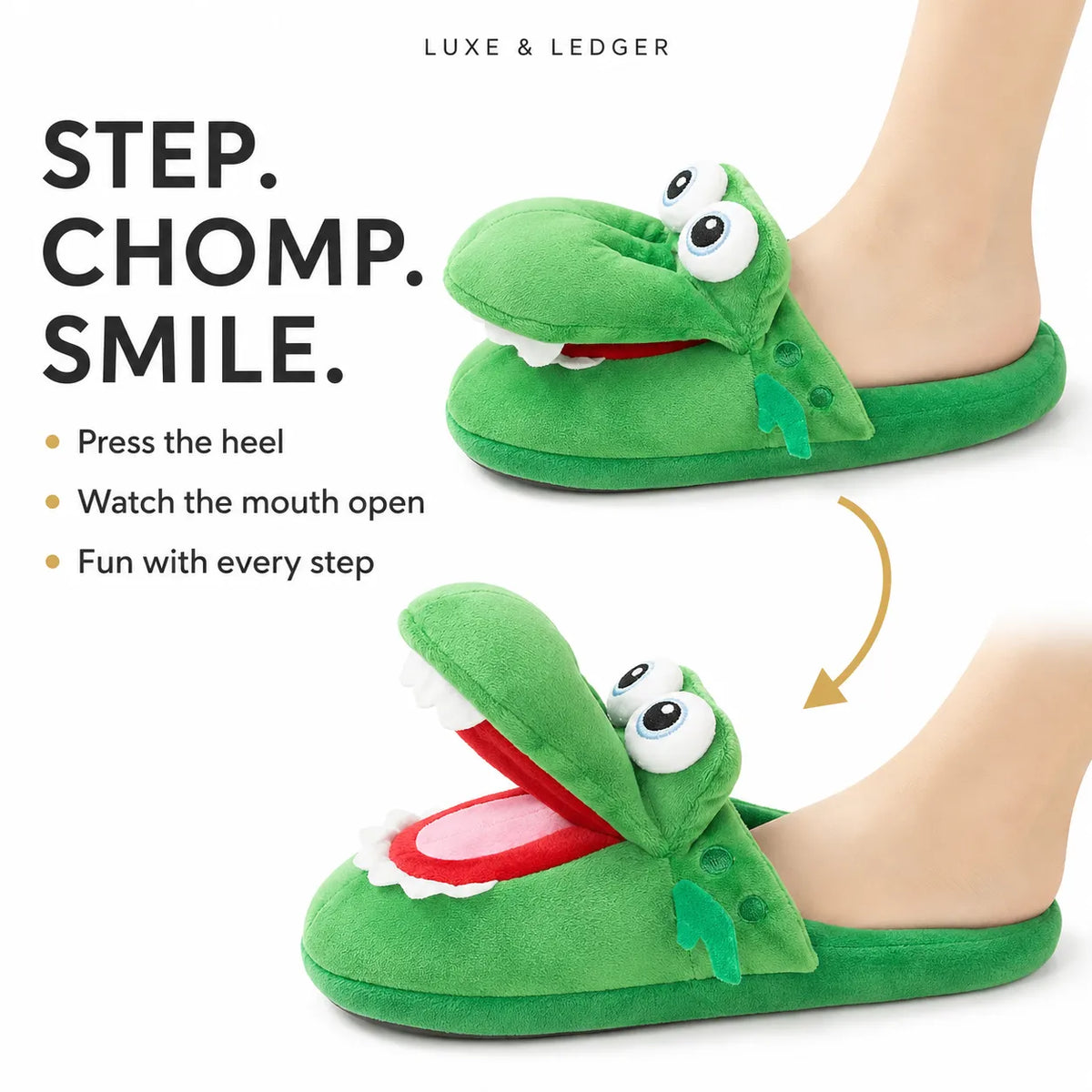 Green plush alligator-themed slipper shown on a person's foot, with text reading 'STEP. CHOMP.