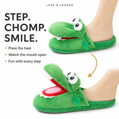 Green plush alligator-themed slipper shown on a person's foot, with text reading 'STEP. CHOMP.