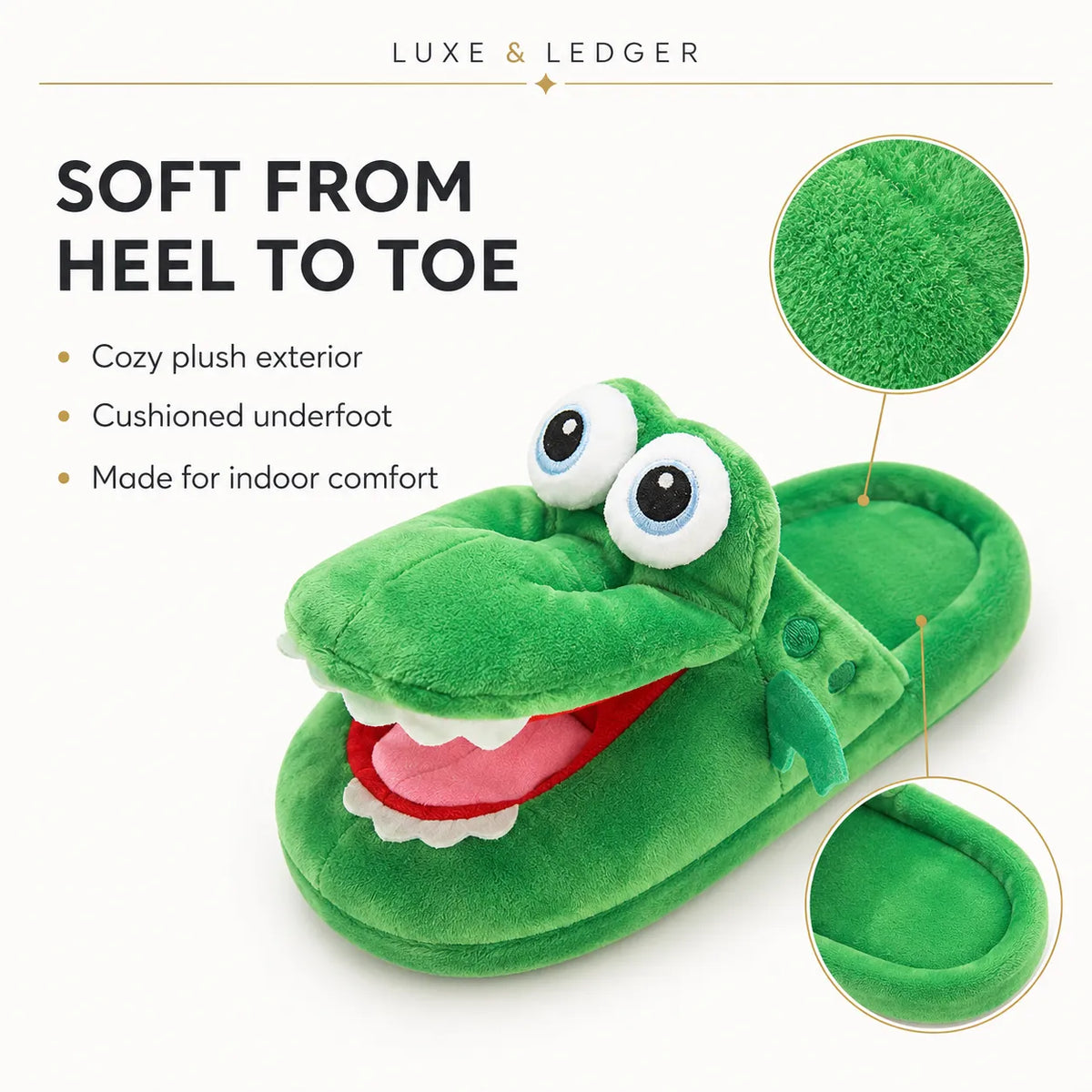 Green plush crocodile slippers with cartoon eyes and a smiling mouth, shown on a white background with marketing text and two circular fabric detail insets. Brand text 'LUXE & LEDGER' appears at the top.