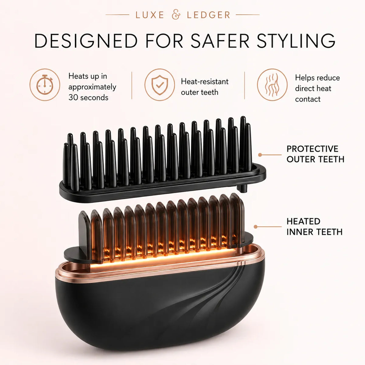 A black and rose gold hair styler brush with glowing orange heat elements, shown with explanatory callouts and icons about safer styling features on a light beige background.