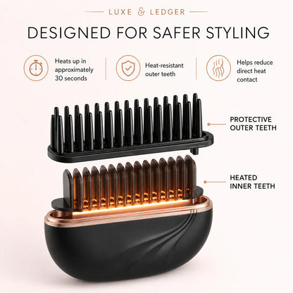 A black and rose gold hair styler brush with glowing orange heat elements, shown with explanatory callouts and icons about safer styling features on a light beige background.