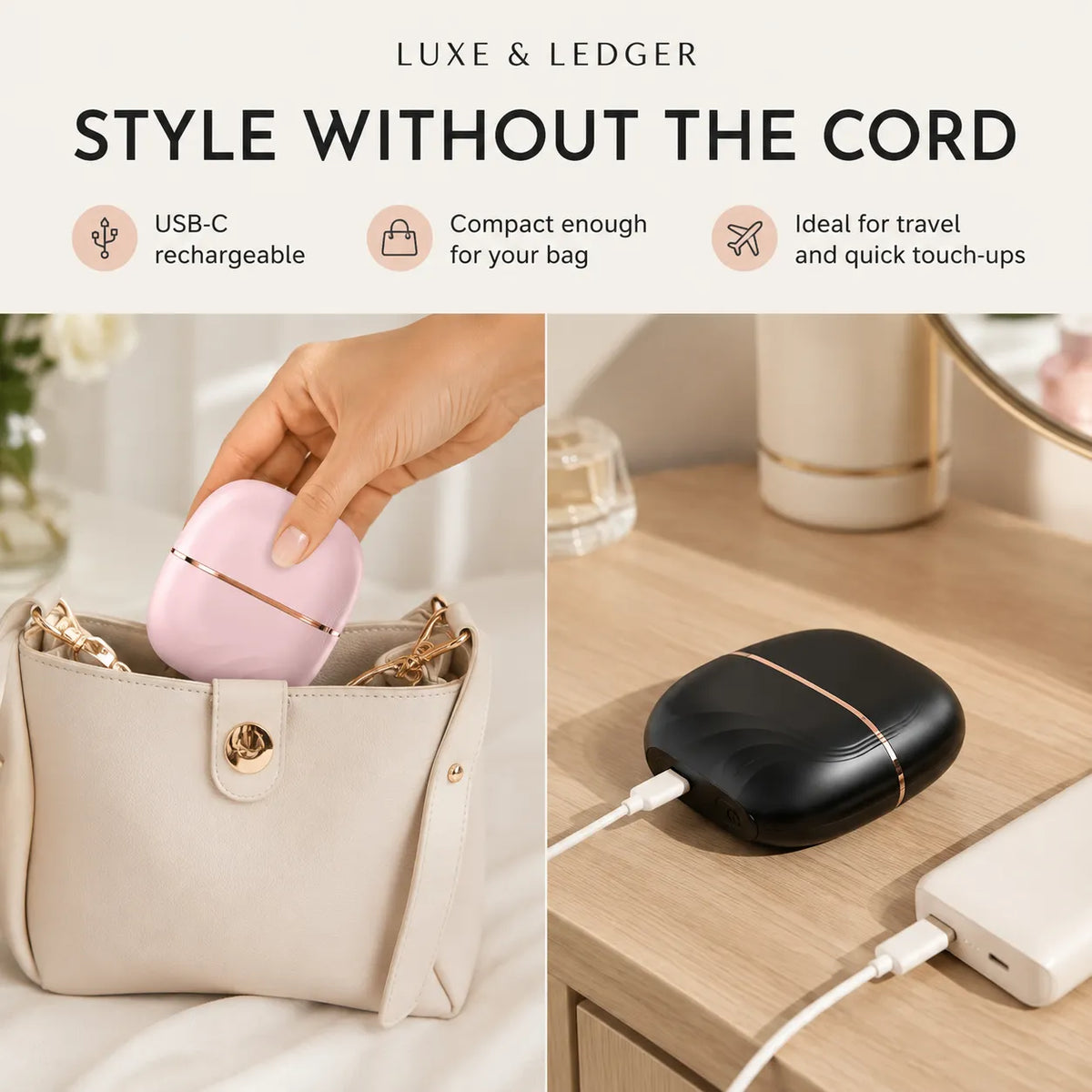 A split promotional image for a compact wireless earbud charging case. The left panel shows a hand placing a pale pink case into a beige handbag, with text reading 'USB-C rechargeable', 'Compact enough for your bag', and 'Ideal for travel and quick touch-ups'.