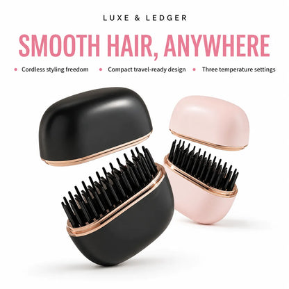 Three cordless hair-smoothing brushes by Luxe & Ledger shown open on a white background, with marketing text at the top. The brushes have rounded oval bodies in black and pale pink with metallic rose-gold trim and black bristles.