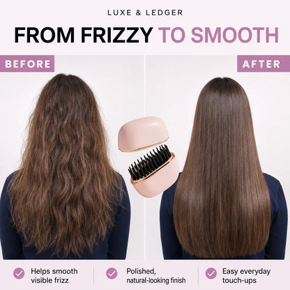 Before-and-after hair smoothing demonstration showing a woman's long brown hair on the left (frizzy) and on the right (smooth), with a pink and gold hairbrush floating in the center. Text at the top reads 'LUXE & LEDGER' and 'FROM FRizzy TO SMOOTH'.