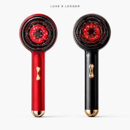 Two handheld beauty devices shown side by side on a light gray background, labeled 'LUXE 6 LEDGER' at the top. The left device is metallic red with gold accents, and the right device is metallic black with gold accents.