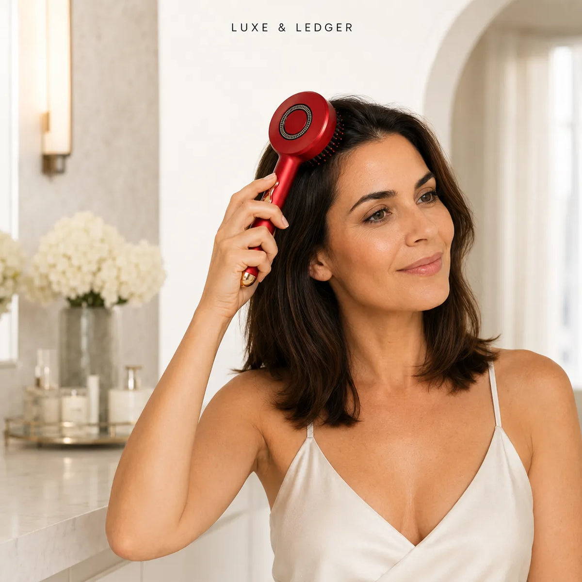 A woman with shoulder-length brown hair holds a red and black Luxe & Ledger hairbrush in a bright bathroom setting.