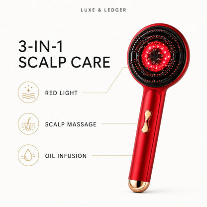 A red and gold 3-in-1 scalp care device on a light background with text and icons highlighting red light, scalp massage, and oil infusion features.
