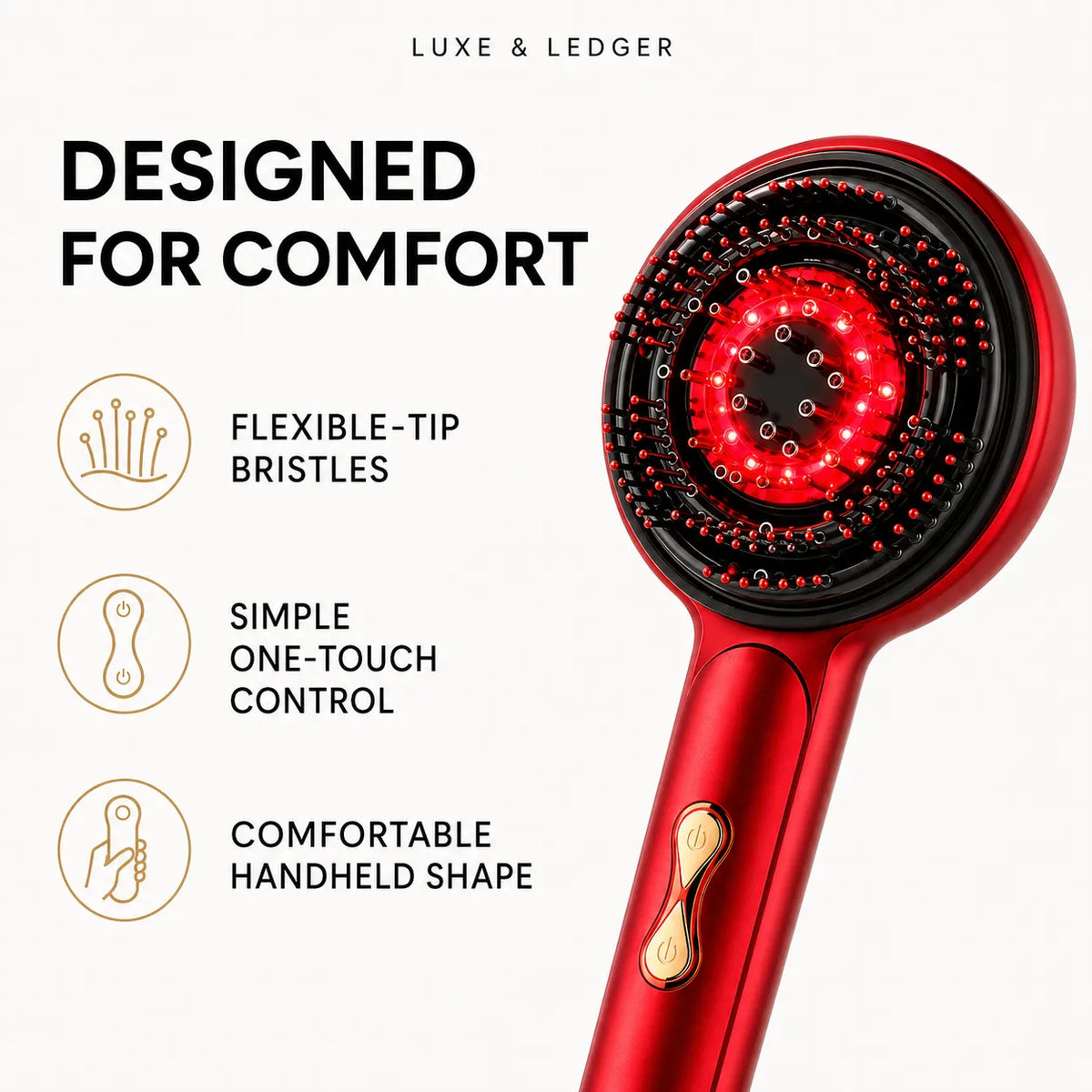 Red handheld scalp massage brush with glowing red LED lights in the brush head, shown on a light background with marketing text and icons about flexible-tip bristles, one-touch control, and comfortable handheld shape. Visible brand text at the top reads Luxe & Ledger.