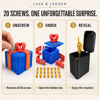A three-step promotional graphic for a surprise gift set by Luxe & Ledger. Step 1 shows a hand unscrewing a blue gift box with red and gold details, releasing 20 small gold screws.