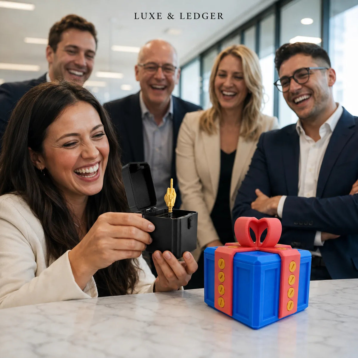 A group of five people in business attire are gathered around a woman who is holding an open black jewelry box containing a gold ring. In the foreground, a blue and red gift box with a heart-shaped red ribbon sits on a marble countertop.