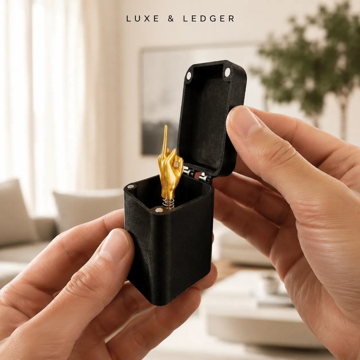 A person holds an open black rectangular case containing a small gold object, with the brand name LUXE & LEDGER printed at the top of the image. The background shows a softly blurred indoor living room setting.