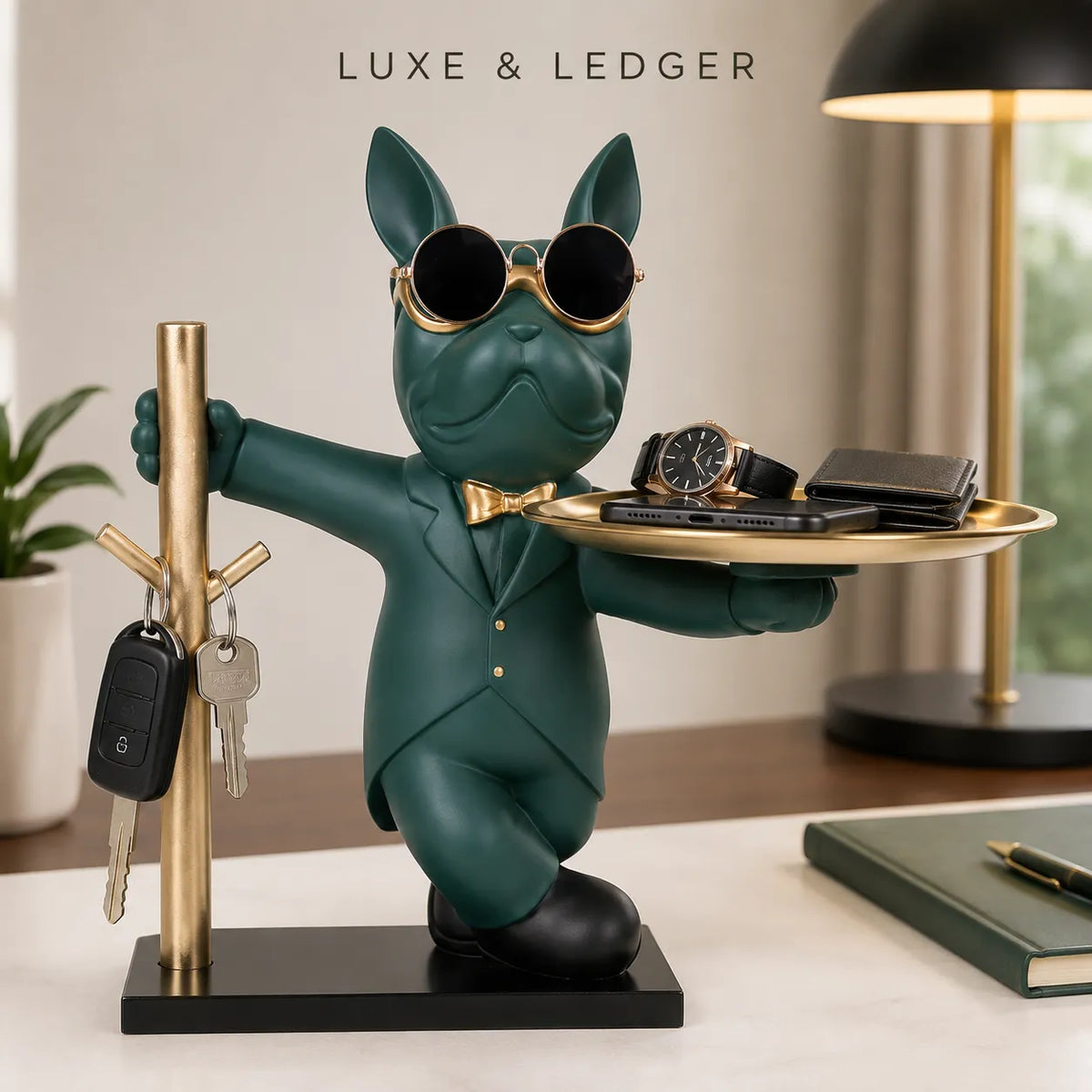 A decorative figurine of a French bulldog dressed in a dark green suit with gold sunglasses, bow tie, and holding a gold tray with a watch and wallet, standing next to a gold key holder on a desk. The text 'LUXE & LEDGER' is visible at the top.