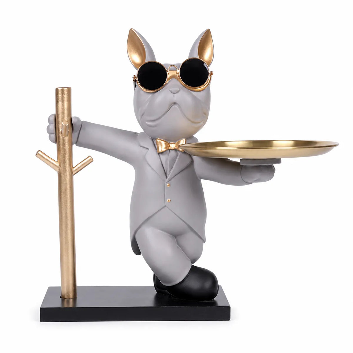 A decorative figurine of a gray cat dressed in a gray suit with gold accents, wearing round gold-framed sunglasses and holding a gold tray. The figurine stands on a black base next to a gold coat rack on a plain white background.