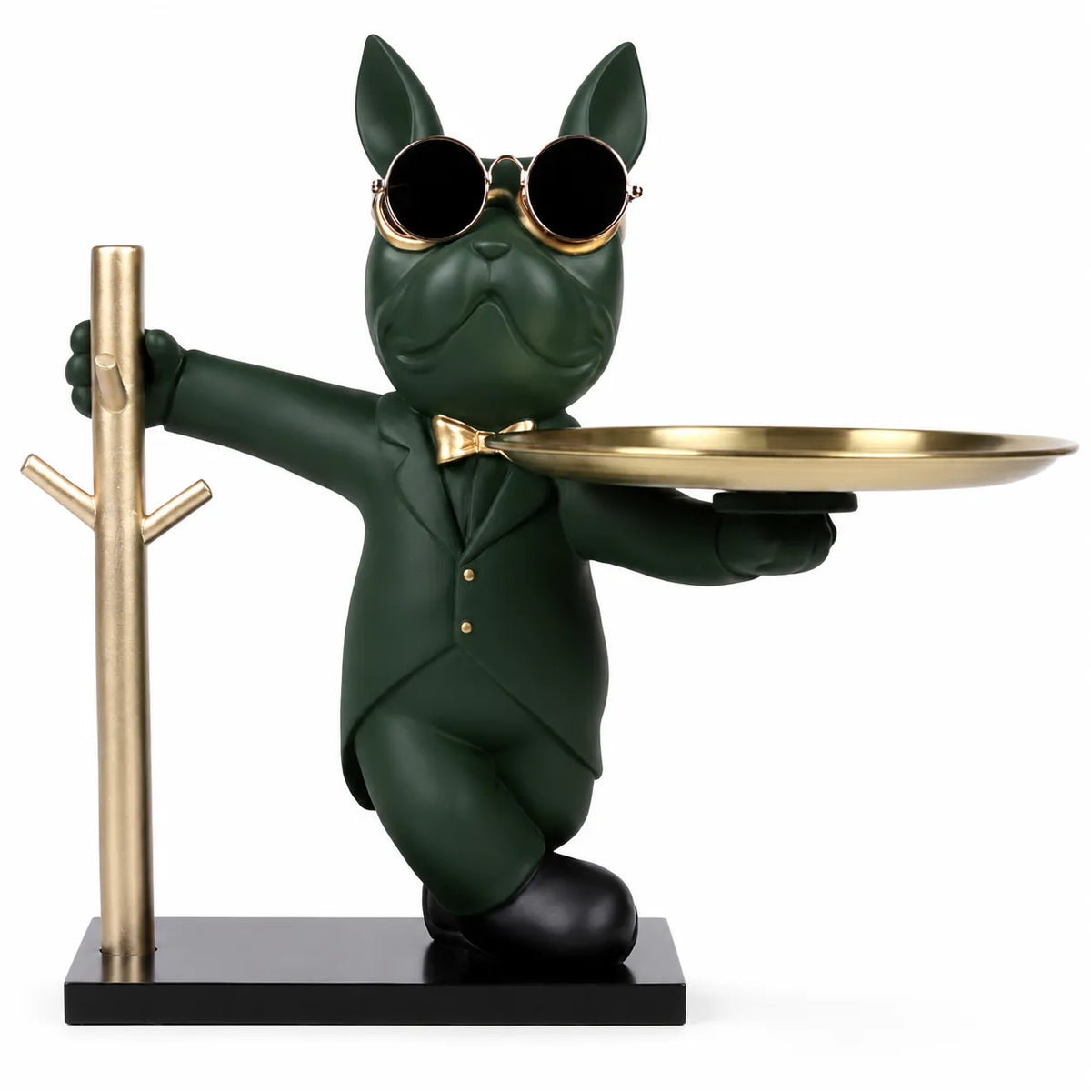 A decorative figurine of a dark green cat dressed in a suit and sunglasses, holding a gold tray, standing on a black base next to a gold coat rack, on a white background.