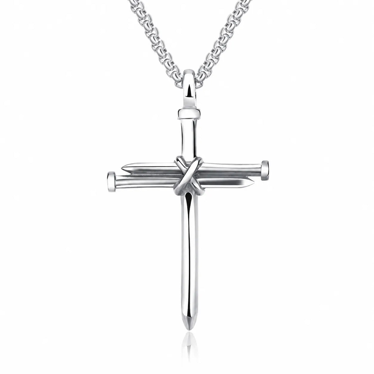 A silver cross pendant necklace featuring a vertical bar with two horizontal sword-like bars crossing at the center, suspended from a matching chain on a white background.