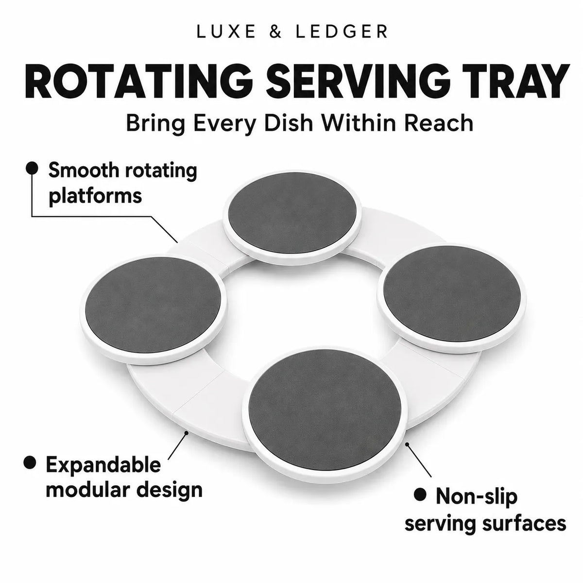 A promotional product graphic for a Luxe & Ledger rotating serving tray on a white background. The image shows a circular white tray with four dark gray rotating platforms and callout text highlighting features such as smooth rotating platforms, expandable modular design, and non-slip serving surfaces.