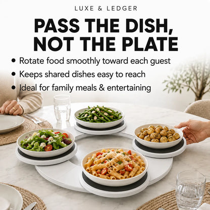 A white round serving platter with four bowls of food on a dining table, with a hand reaching for one bowl. Large text at the top reads 'PASS THE DISH, NOT THE PLATE' with bullet points describing rotation, shared dish accessibility, and family/entertaining use.