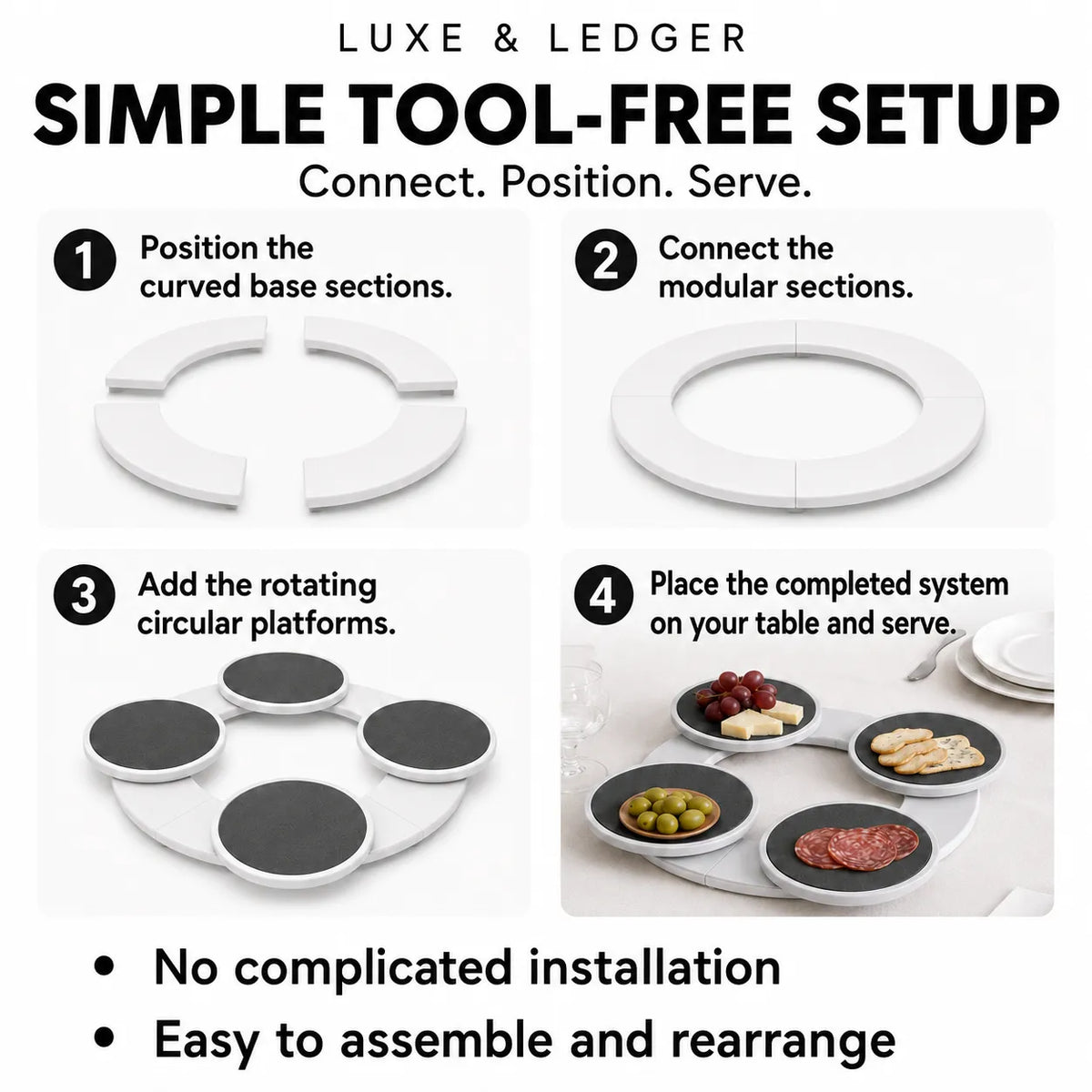 Instructional graphic for Luxe & Ledger simple tool-free setup, showing four numbered steps: positioning curved base sections, connecting modular sections, adding rotating circular platforms, and the assembled product serving food on a table.