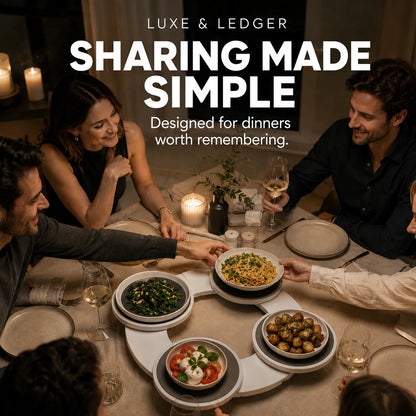A lifestyle scene of a dinner table with four people sharing food from a white circular serving platter. The scene is warmly lit by candles, and bold text at the top reads 'LUXE & LEDGER' and 'SHARING MADE SIMPLE'.