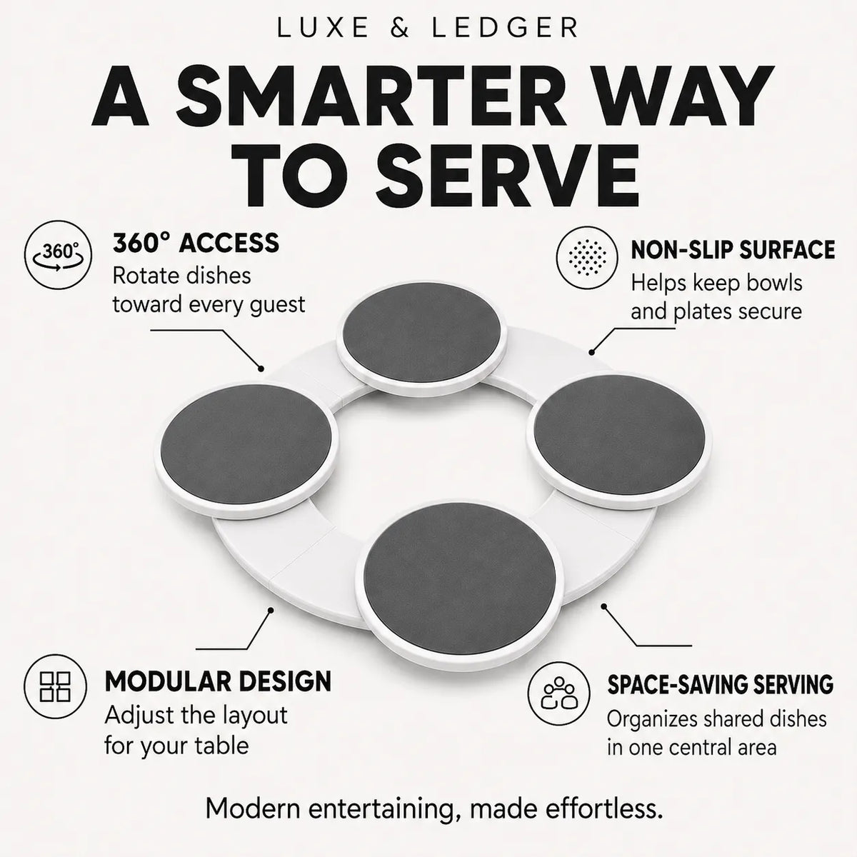 A promotional infographic for the Luxe & Ledger smart serving platter, showing a white circular base with four dark gray flat plates and callout text highlighting features like 360-degree access, non-slip surface, modular design, and space-saving serving.