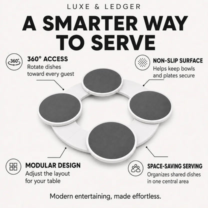 A promotional infographic for the Luxe & Ledger smart serving platter, showing a white circular base with four dark gray flat plates and callout text highlighting features like 360-degree access, non-slip surface, modular design, and space-saving serving.