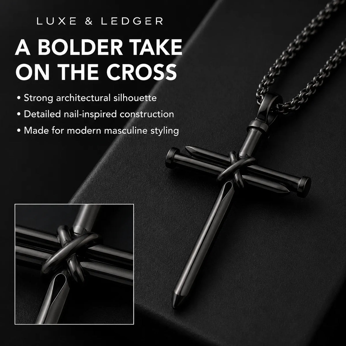 Black cross pendant necklace with a chain, shown on a dark textured background with promotional text and a close-up inset of the pendant's detailed construction. Brand text 'LUXE & LEDGER' is visible at the top.