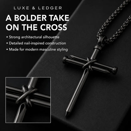 Black cross pendant necklace with a chain, shown on a dark textured background with promotional text and a close-up inset of the pendant's detailed construction. Brand text 'LUXE & LEDGER' is visible at the top.