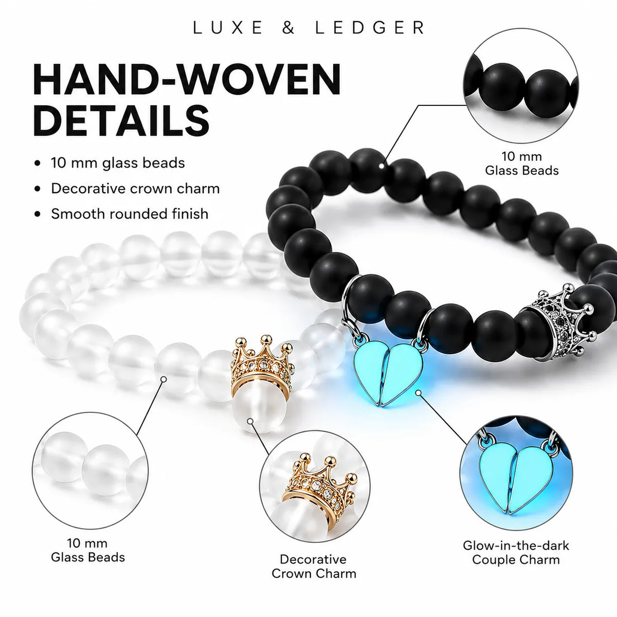 A promotional product graphic for Luxe & Ledger hand-woven glass beads bracelets. The main bracelet is black with a silver-tone crown charm and a glowing light-blue heart-shaped couple charm.