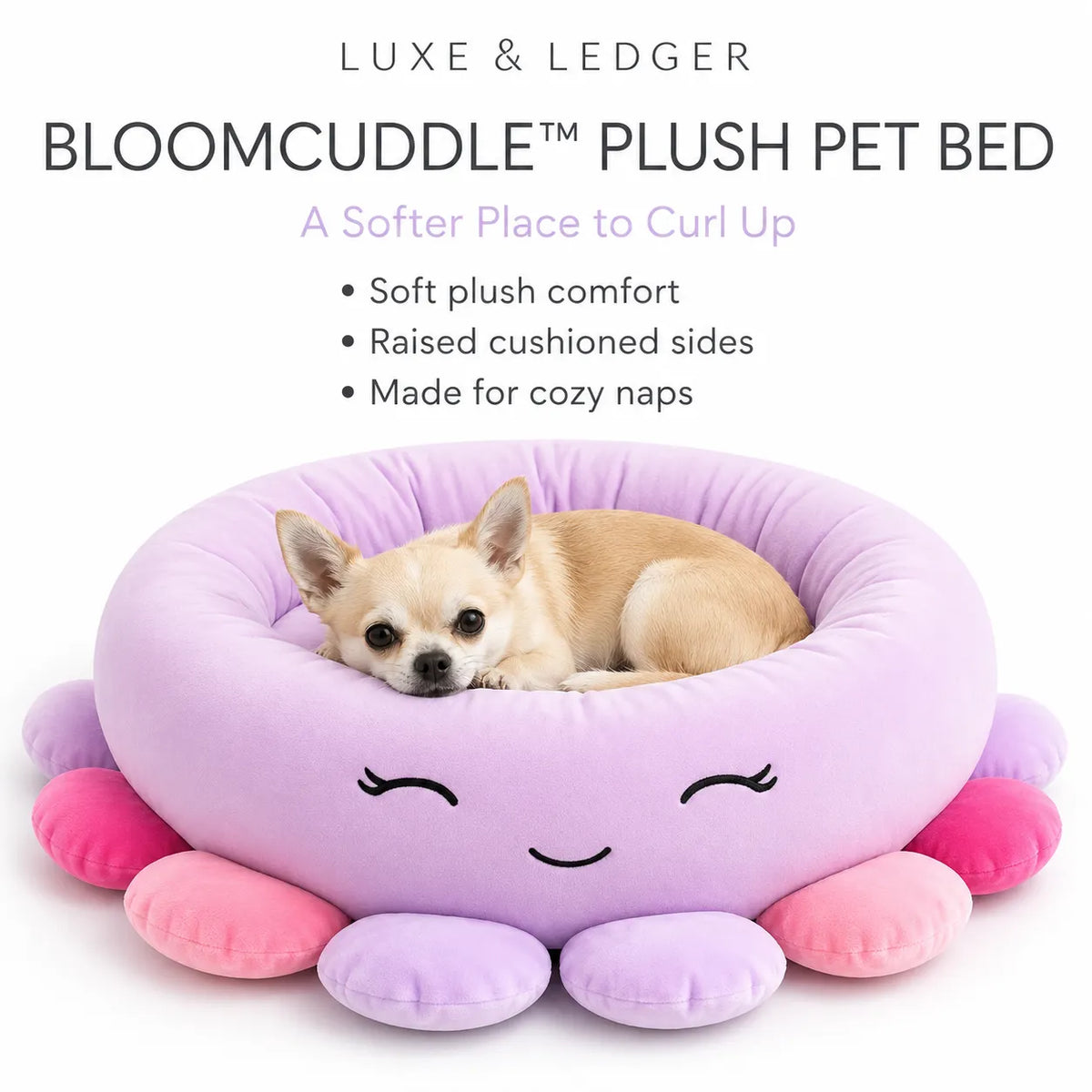 A small tan dog rests inside a lavender plush pet bed with pink and purple petal-like sides. The image includes marketing text at the top reading 'LUXE & LEDGER' and 'BLOOMCUDDLE PLUSH PET BED' on a white background.