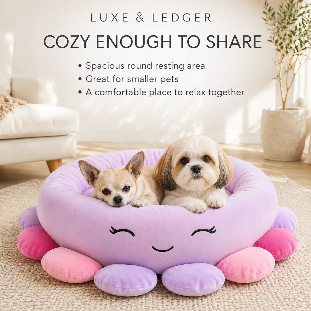 A small dog and a chihuahua rest together in a round lavender pet bed with pink legs and a smiling face. The scene is a bright, modern living room with text at the top reading 'LUXE & LEDGER COZY ENOUGH TO SHARE' and bullet points describing the bed as spacious, suitable for smaller pets, and comfortable for relaxation.