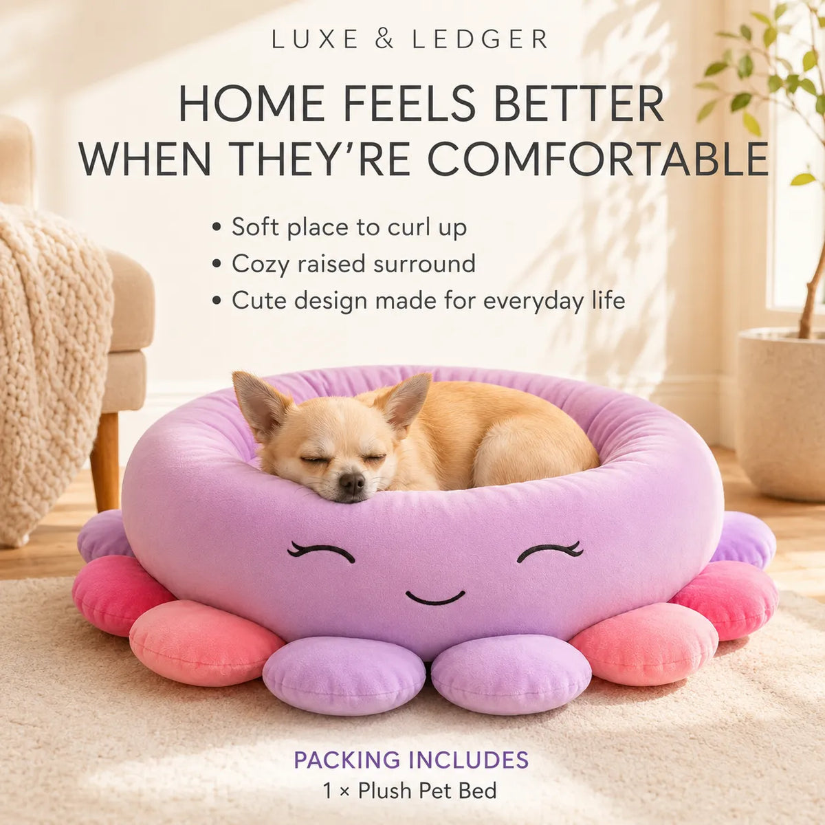 A small tan dog rests inside a plush octopus-shaped pet bed with a lavender face and pink and purple tentacle-like legs. The bed is placed on a light rug in a sunlit room, with promotional text above reading 'LUXE & LEDGER' and 'HOME FEELS BETTER WHEN THEY'RE COMFORTABLE.
