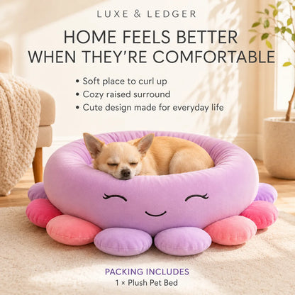 A small tan dog rests inside a plush octopus-shaped pet bed with a lavender face and pink and purple tentacle-like legs. The bed is placed on a light rug in a sunlit room, with promotional text above reading 'LUXE & LEDGER' and 'HOME FEELS BETTER WHEN THEY'RE COMFORTABLE.
