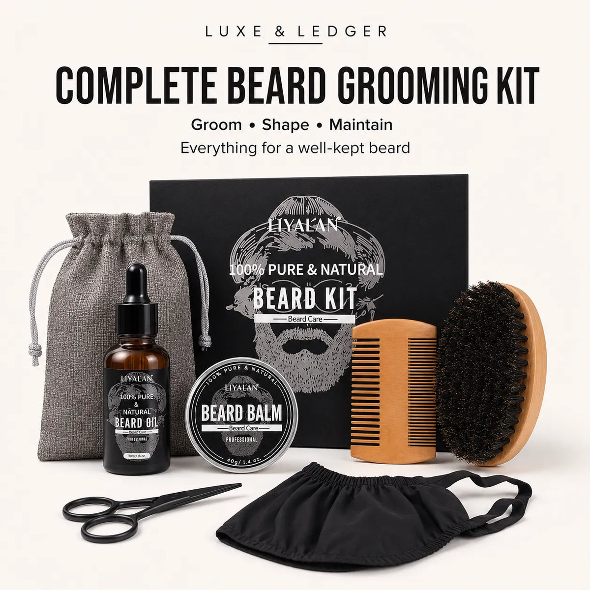 Luxe & Ledger Complete Beard Grooming Kit arranged on a light beige background, including a black beard oil bottle, beard balm tin, gray drawstring pouch, wooden comb, black brush, black scissors, black beard mask, and a black branded kit box.