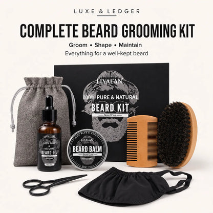Luxe & Ledger Complete Beard Grooming Kit arranged on a light beige background, including a black beard oil bottle, beard balm tin, gray drawstring pouch, wooden comb, black brush, black scissors, black beard mask, and a black branded kit box.