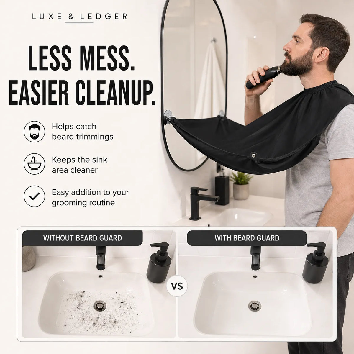 A man in a bathroom uses an electric beard trimmer while wearing a black beard guard draped over his neck. The image includes marketing text reading 'LESS MESS.