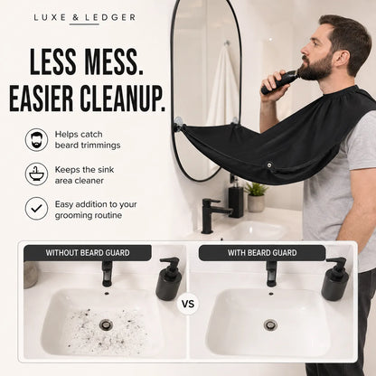 A man in a bathroom uses an electric beard trimmer while wearing a black beard guard draped over his neck. The image includes marketing text reading 'LESS MESS.
