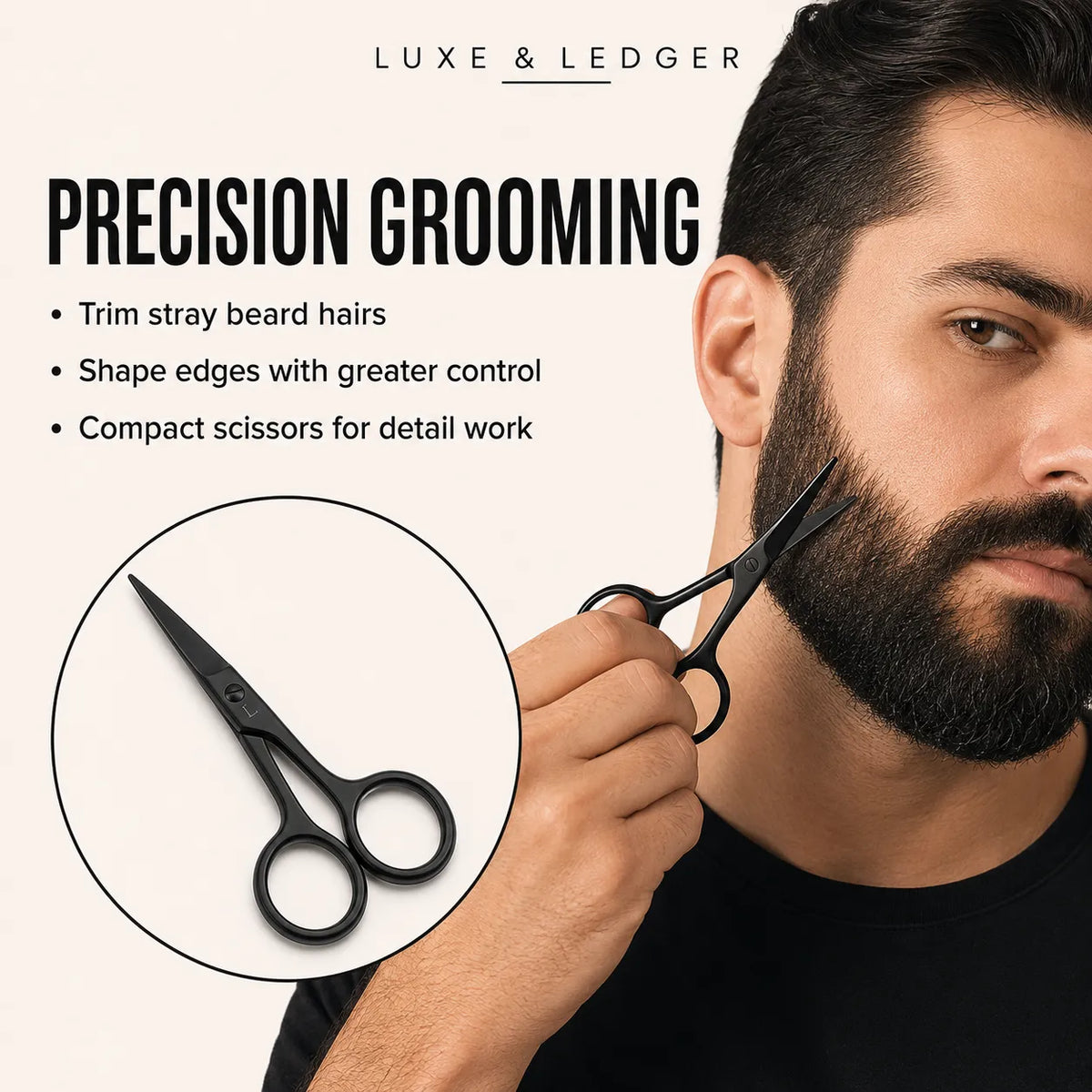 A man with a dark beard holds a pair of black compact grooming scissors near his cheek. The image includes marketing text reading 'PRECISION GROOMING' and bullet points, plus a circular inset showing the scissors alone.