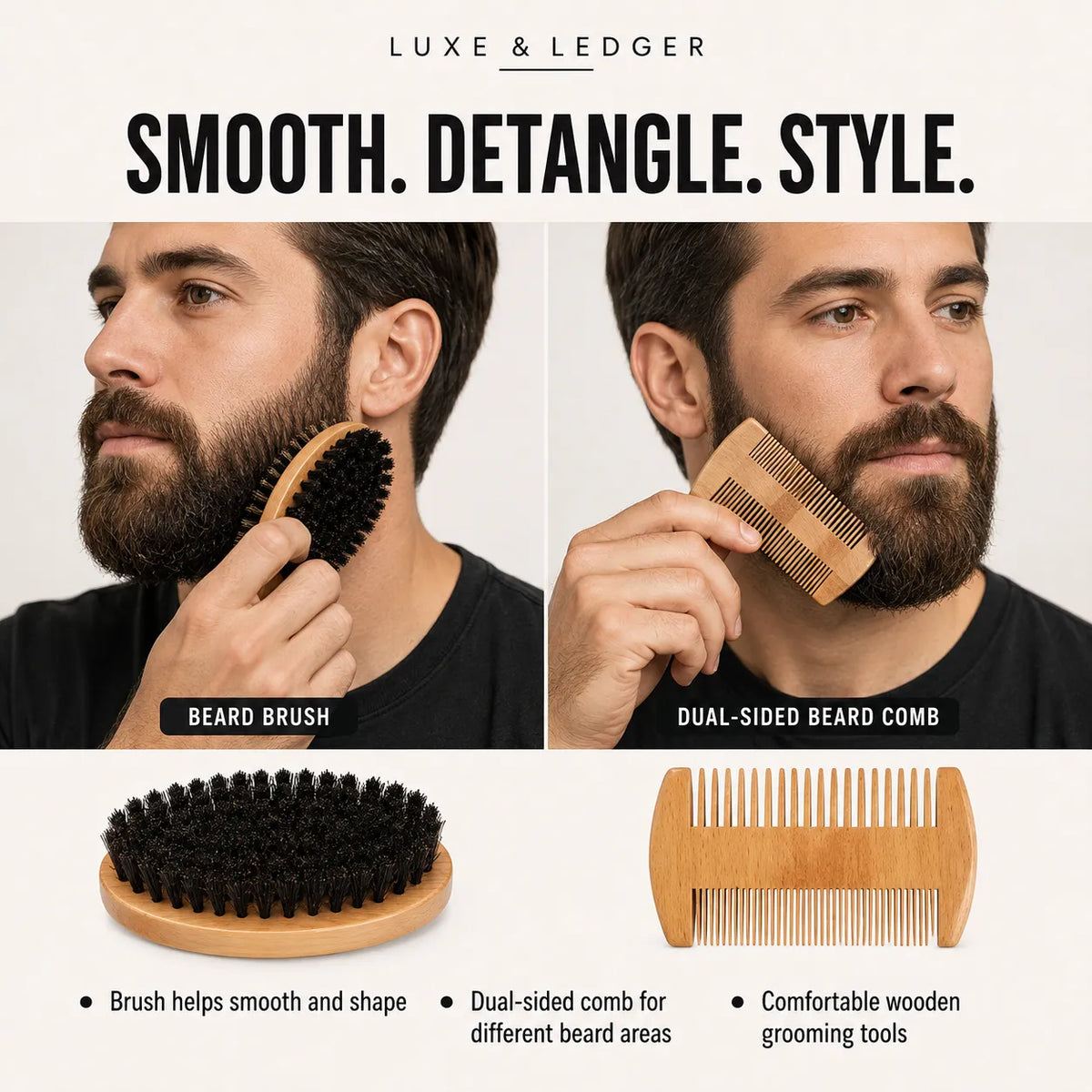 Luxe & Ledger beard grooming set shown on a model: a wooden beard brush and a dual-sided wooden beard comb, with text describing smoothing, detangling, and styling.