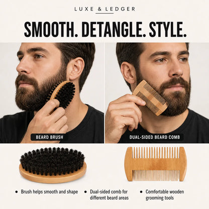 Luxe & Ledger beard grooming set shown on a model: a wooden beard brush and a dual-sided wooden beard comb, with text describing smoothing, detangling, and styling.