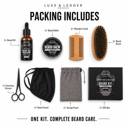 Luxe & Ledger beard care kit shown on a white background with labeled callouts for each included item: beard oil, beard balm, wooden comb, beard brush, grooming scissors, beard guard, storage pouch, and gift box.