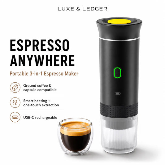 A portable espresso maker by Luxe & Ledger shown on a clean white background with marketing text and a small cup of espresso. The device is mostly black with a clear lower chamber and a yellow top button; a green power indicator light is visible.