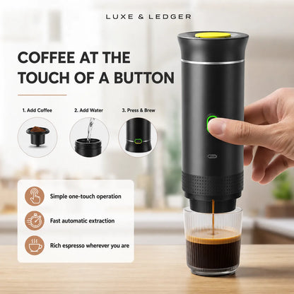A hand is pressing the button of a sleek black portable espresso maker on a wooden table, with espresso dripping into a glass. The image includes marketing text and diagrams explaining the simple one-touch operation of the Luxe & Ledger coffee maker.