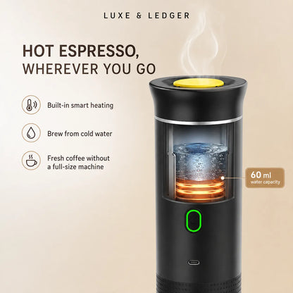 A black portable hot espresso maker with a yellow top button, shown on a beige background with marketing text and icons. The device has a transparent chamber showing hot coffee and water, with a green power button and a 60 ml water capacity label.