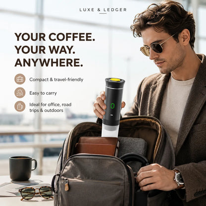 A man wearing sunglasses and a brown blazer packs a portable coffee maker into a gray backpack, with the text 'YOUR COFFEE. YOUR WAY.