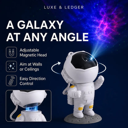 A white astronaut-shaped toy or projector device on a dark blue space-themed background with text reading 'A GALAXY AT ANY ANGLE' and feature callouts for adjustable magnetic head, wall or ceiling projection, and direction control. Luxe & Ledger branding appears at the top.
