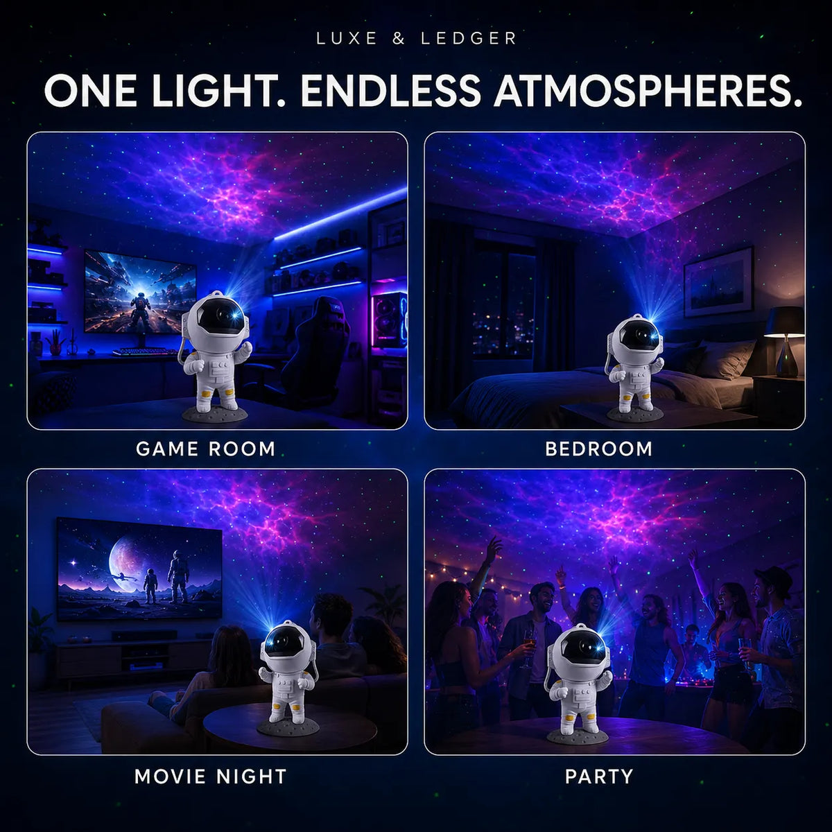 A promotional collage for a tabletop astronaut projector lamp by Luxe & Ledger, showing four lifestyle scenes: a game room, bedroom, movie night, and party. The product appears as a small white astronaut figure on a table, projecting purple, blue, and pink galaxy light beams into the room.