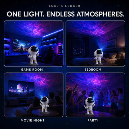 A promotional collage for a tabletop astronaut projector lamp by Luxe & Ledger, showing four lifestyle scenes: a game room, bedroom, movie night, and party. The product appears as a small white astronaut figure on a table, projecting purple, blue, and pink galaxy light beams into the room.